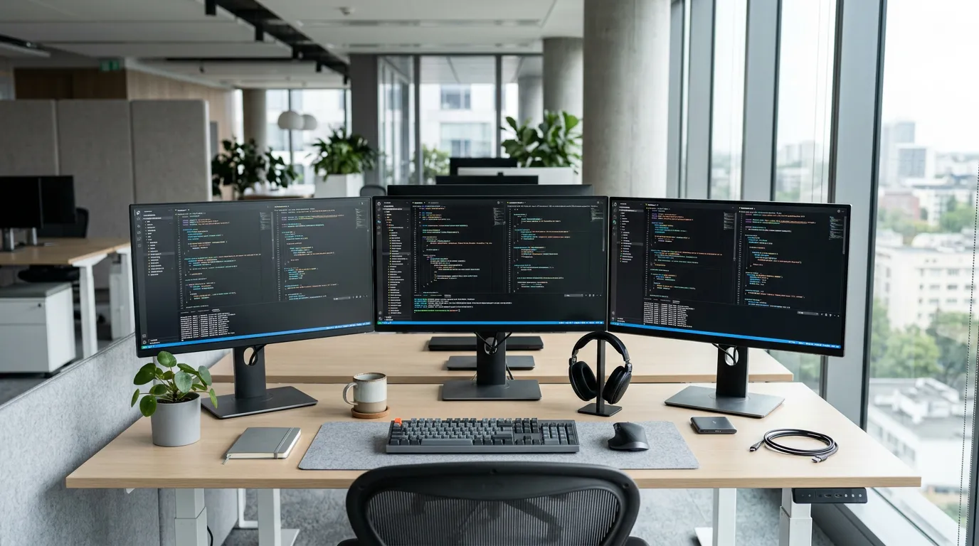 Modern software development workspace with multiple monitors displaying code, clean desk setup, professional office environment