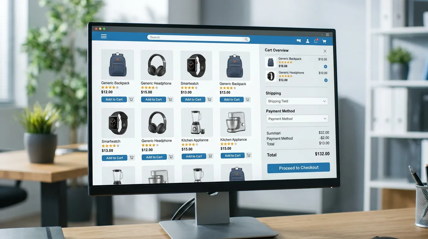 E-commerce shopping website interface on desktop monitor, product catalog and checkout page visible, online store design