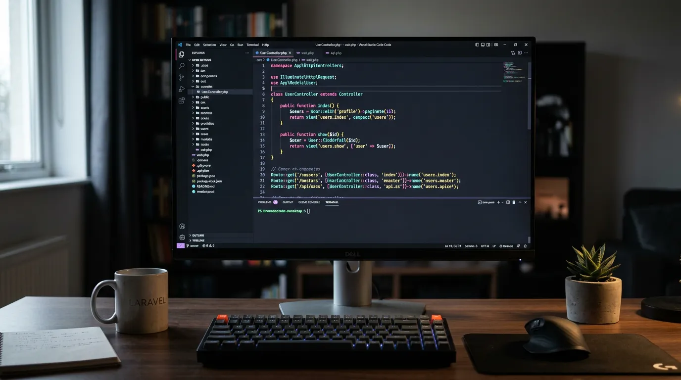 Laravel PHP framework code displayed on dark code editor screen, syntax highlighting visible, developer workspace