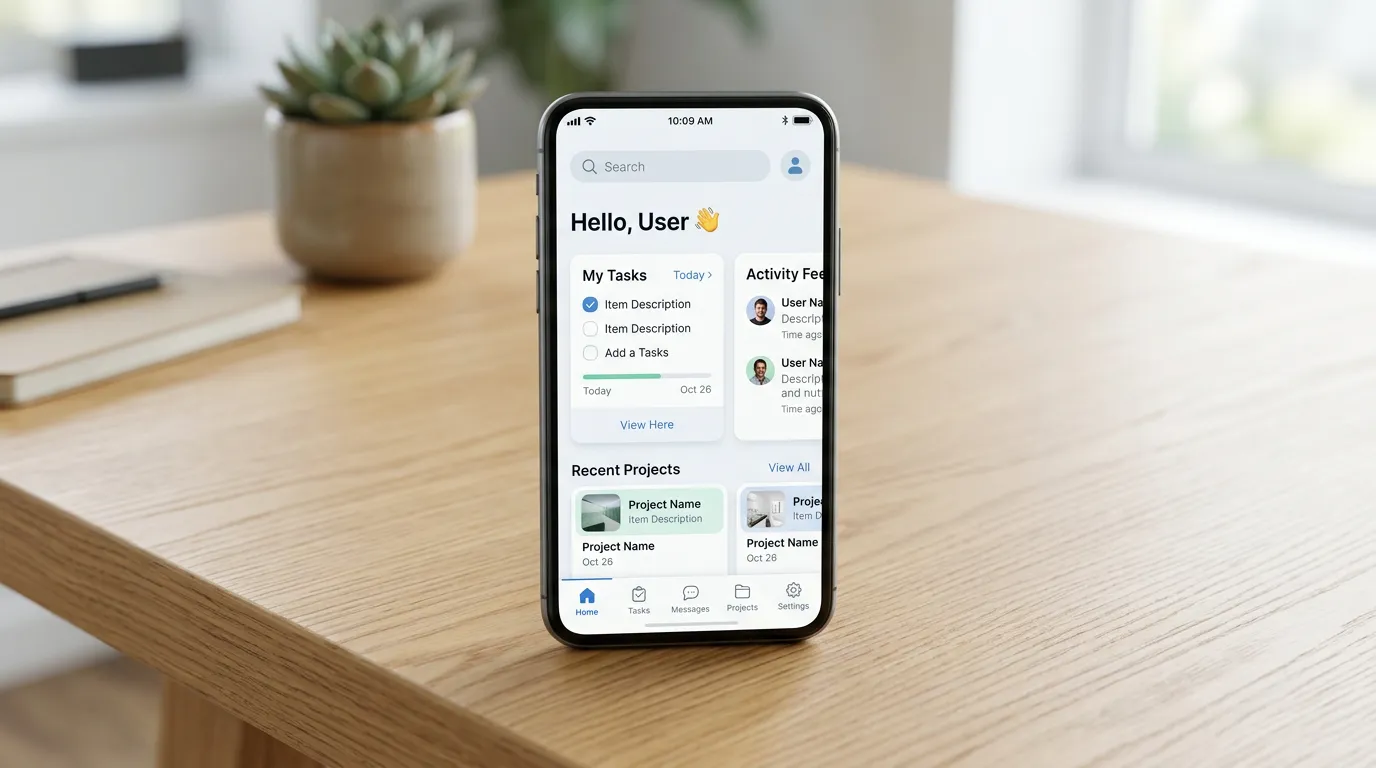 Smartphone mockup displaying mobile app interface with user interaction elements, clean minimal design