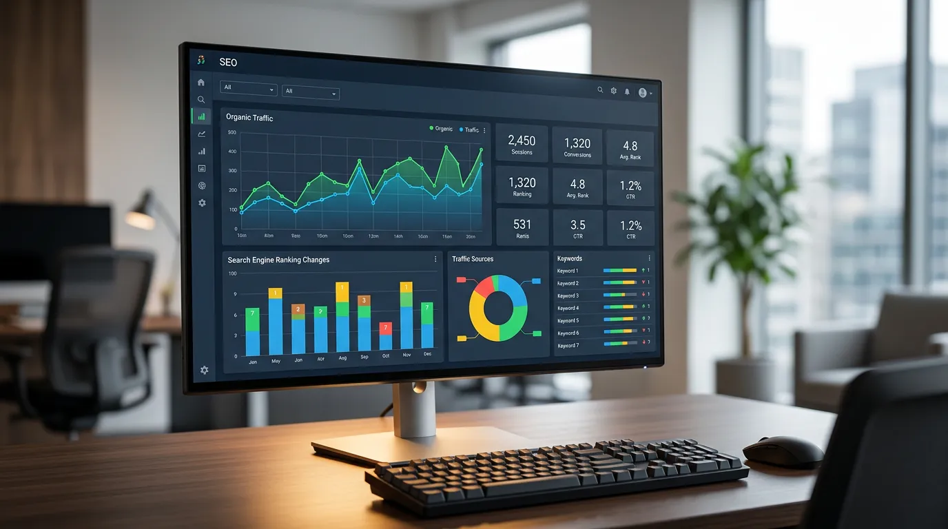 SEO analytics dashboard displaying search rankings, traffic graphs, and performance metrics on computer screen, data visualization