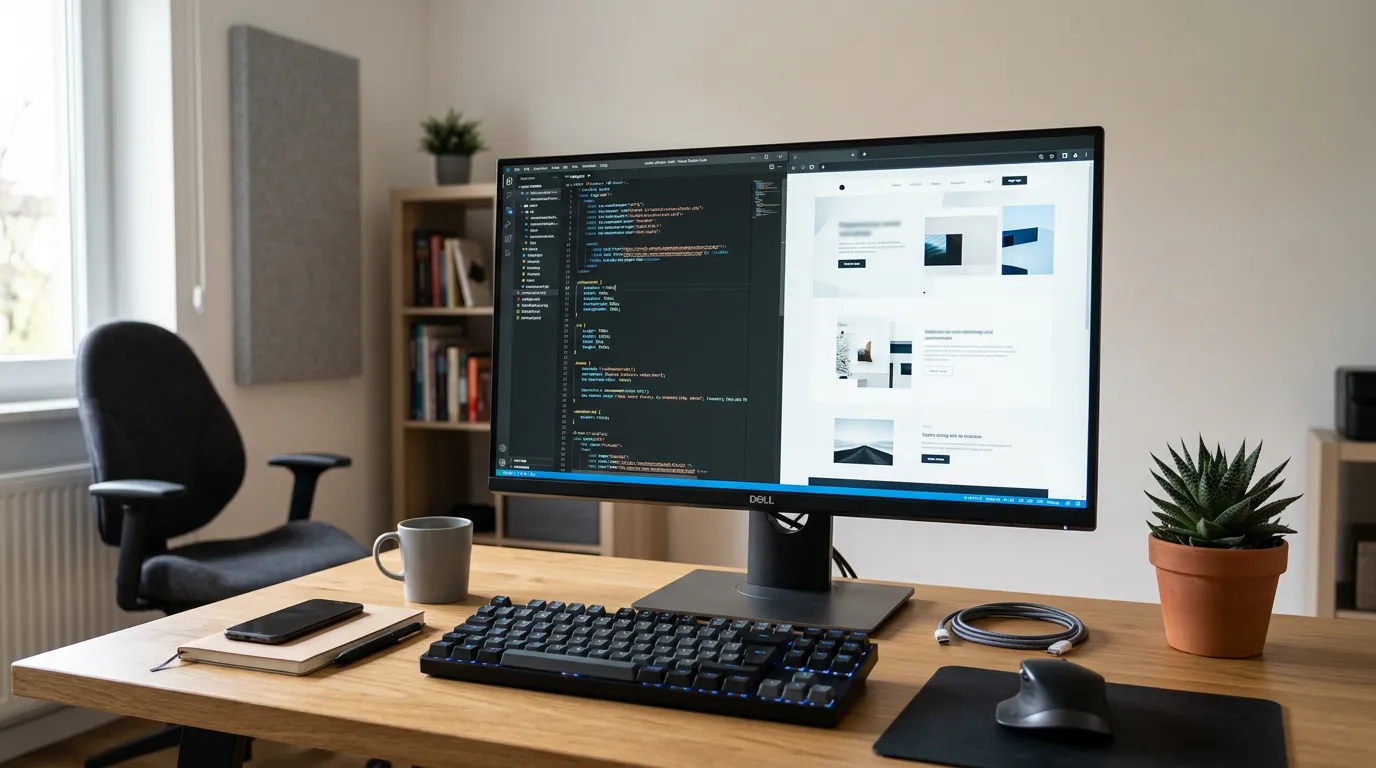 Computer screen showing web development code editor with responsive website design preview, modern tech workspace